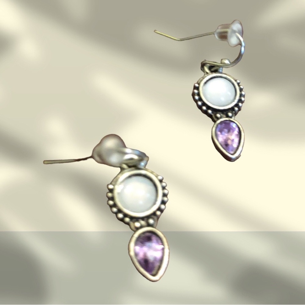 Yaomiao Crystal Dangle Circle/Water Drop Earrings White/Purple W - Picture 2 of 9